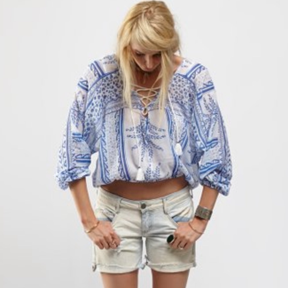 Free People Yo Yo Geo Peasant Blouse
